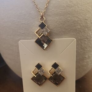 Gold-Tone Black Crystal Geometric Necklace & Earring Set